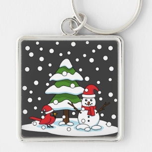 Chaveiro Neve Caindo no Cardeal, Snowman e Pine Tree
