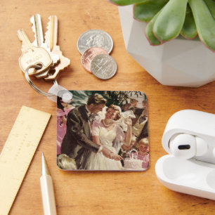 Chaveiro Newlyweds do casamento vintage Noivo Corte o Bolo