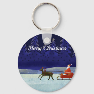 Chaveiro Noite de Natal Azul Pintada com Santa e Reindeer