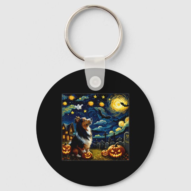 Chaveiro Noite Estrelada de Sheltie de Halloween Assustador (Frente)