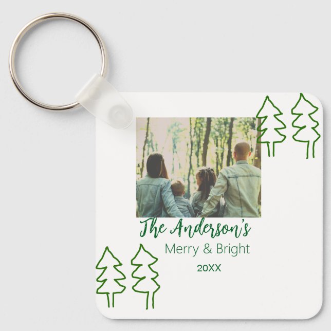 Chaveiro Nome da família árvore de Natal verde foto moderna (Frente)
