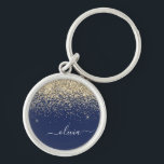 Chaveiro Nome da Rapariga do Monograma de Script Azul do Ma<br><div class="desc">Chaveiros com nomes de Monograma de Script Glitter Glitter Azul Dourado e Marinho (Cadeia de Chaves). Isto faz o doce e perfeito aniversário de 16 anos,  casamento,  chá de panela,  aniversário,  chá de fraldas ou festa de solteira presente para alguém que ama luxo de luxo e estilos quíticos.</div>