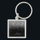 Chaveiro Nome da Rapariga do Script de Largura Preta do Sil<br><div class="desc">Chaveiros com nomes de Monograma de Script Glitter Silver e Black Sparkle (Cadeia-Chave). Isto faz o doce e perfeito aniversário de 16 anos,  casamento,  chá de panela,  aniversário,  chá de fraldas ou festa de solteira presente para alguém que ama luxo de luxo e estilos quíticos.</div>
