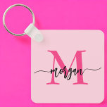 Chaveiro Nome de Monograma de Rapariga de Script Moderno Ro<br><div class="desc">Mantenha suas chaves em estilo com nosso Chaveiro de Nome do Monograma de Script Moderno Rosa Quente! Com um design cor-de-rosa-quente vibrante, este chaveiro é personalizado com o seu nome num guião moderno-chic para um toque personalizado e moderno. Perfeito por adicionar um pouco de talento às suas chaves ou saco,...</div>