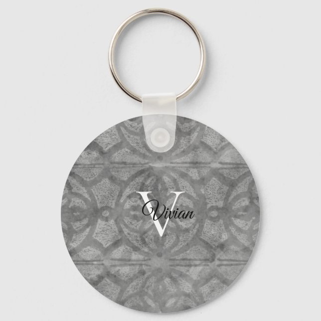 Chaveiro Nome do Monograma da Batik de Aquarela da Cinza Ul (Frente)