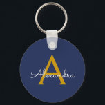 Chaveiro Nome do Monograma da Rapariga do Script Moderno Do<br><div class="desc">Chaveiros com nomes marinhos de Monograma Simples Azul e Dourado de Script (Cadeia-Chave). Isto faz o doce e perfeito aniversário de 16 anos,  casamento,  chá de panela,  aniversário,  chá de fraldas ou festa de solteira presente para alguém que ama luxo de luxo e estilos quíticos.</div>