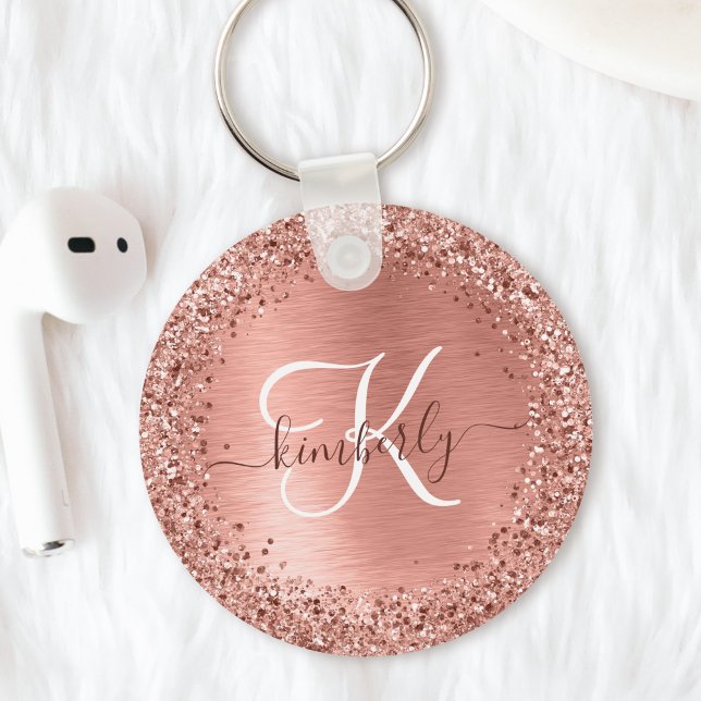Chaveiro Nome do Monograma do Glitter Metálico Brutado Dour (This glam rose gold brushed metal glitter keychain is a stunning way to accessorize your keys)