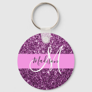 Chaveiro Nome do Monograma do Glitter Pink & Purple Glitter