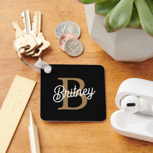 Chaveiro Nome do Monograma Elegante Moderno Script Dourado  (Mesa)