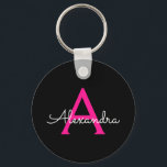 Chaveiro Nome do Monograma Girly Black Script Hot-Pink<br><div class="desc">Chaveiros com nomes de Monograma Simples de Script Preto e Rosa Quente (Cadeia-Chave). Isto faz o doce e perfeito aniversário de 16 anos,  casamento,  chá de panela,  aniversário,  chá de fraldas ou festa de solteira presente para alguém que ama luxo de luxo e estilos quíticos.</div>