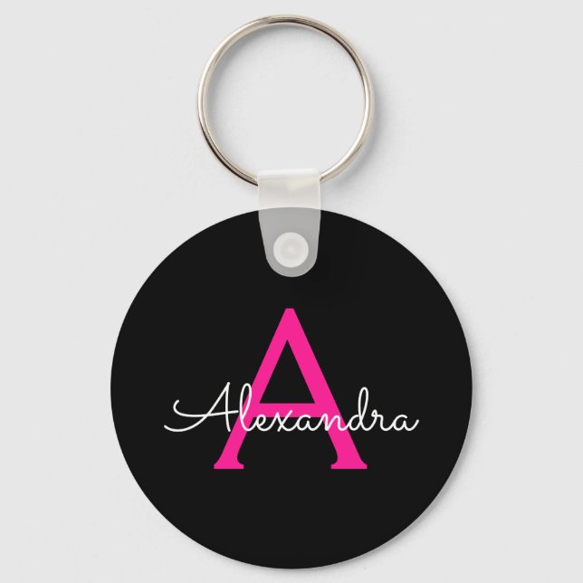 Chaveiro Nome do Monograma Girly Black Script Hot-Pink (Frente)
