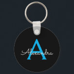 Chaveiro Nome do Monograma Girly de Script Preto Azul<br><div class="desc">Chaveiros com nomes de Monograma Simples de Script Preto e Azul (Cadeia-Chave). Isto faz o doce e perfeito aniversário de 16 anos,  casamento,  chá de panela,  aniversário,  chá de fraldas ou festa de solteira presente para alguém que ama luxo de luxo e estilos quíticos.</div>