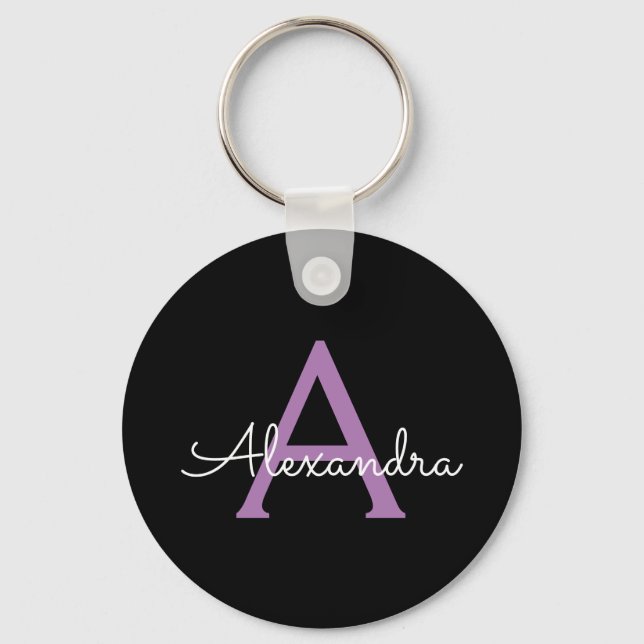 Chaveiro Nome do Monograma Girly de Script Preto Roxo (Frente)