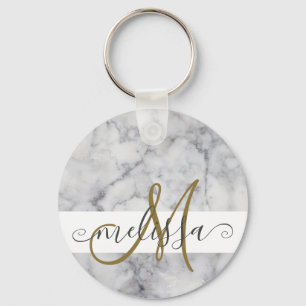 Chaveiro Nome do Script de Monograma Dourado Marble Elegant