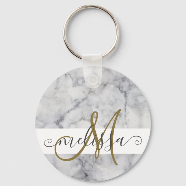 Chaveiro Nome do Script do Monograma Dourado Marble Elegant (Frente)