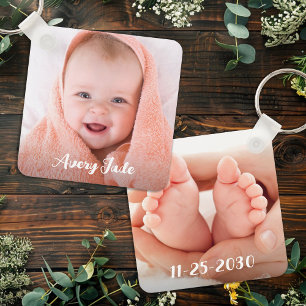 Chaveiro Nome e Aniversário da Foto do Bebê Personalizado