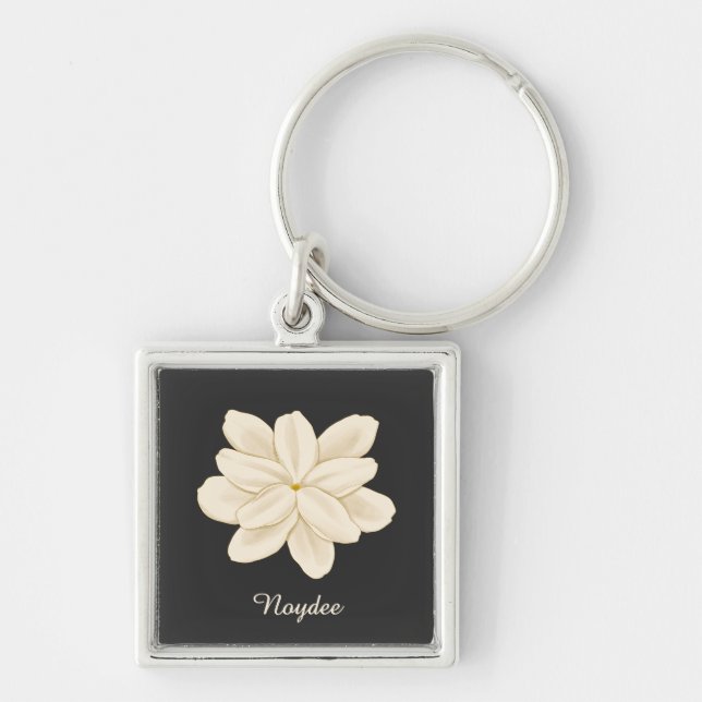 Chaveiro Nome Flor de Jasmim Branco em Preto (Frente)