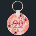 Chaveiro nome geométrico cor-de-rosa-90<br><div class="desc">Um chaveiro de tendências para uma festa de aniversário 90. Com uma estrutura geométrica em forma de hexágono dourado falsa. Decorados com flores de dália aquosa, cor-de-rosa, creme e coral. Vivendo coral com bolinhas como fundo. Modelos para um nome, 90 anos e uma data. Data de nascimento ou data da...</div>