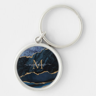 Chaveiro Nome Monograma Ágata Azul Marinho Dourado Pedra de