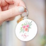 Chaveiro Nome Monograma Floral<br><div class="desc">Este chaveiro bonito é decorado com uma buquê de aquarela de rosas e folhagem em tons de rosa, coral e verde. Facilmente personalizável. Original Watercolor © Michele Davies.</div>