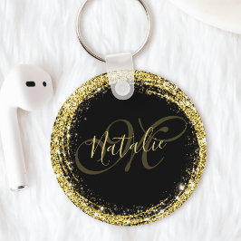 Chaveiro Nome Monograma Glitter Dourado Glamouroso Preto