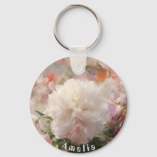 Chaveiro Nome Peônias Rosa e Branco Pintura Aquarela