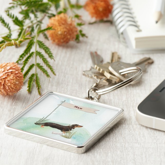 Chaveiro Nome personalizado Black & Tan Dachshund Pet Dog (Lateral)