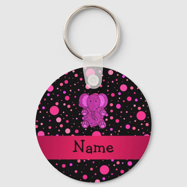 Chaveiro Nome personalizado bolinhas cor-de-rosa elefantes (Frente)