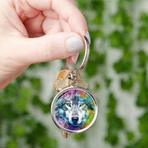 Chaveiro Nome Personalizado Cabeça de Lobo Colorida Estiliz