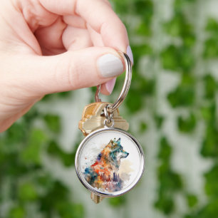 Chaveiro Nome Personalizado Cabeça de Lobo Estilizada Abstr