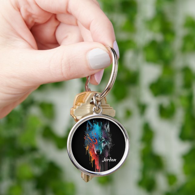 Chaveiro Nome Personalizado Cabeça de Lobo Estilizada Abstr (Mão)