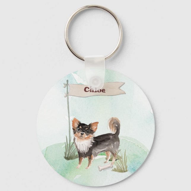 Chaveiro Nome Personalizado Cão-Pet Chihuahua de Longa Cabe (Frente)