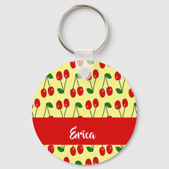 Chaveiro Nome personalizado cerejas vermelhas em amarelo (Frente)