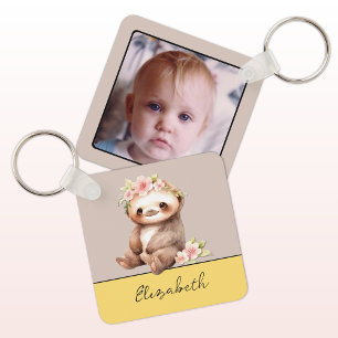 Chaveiro Nome personalizado cute sloth 1 foto amarelo