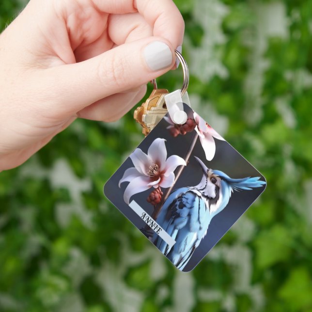 Chaveiro Nome Personalizado de Bluejay e Flores (Mão)