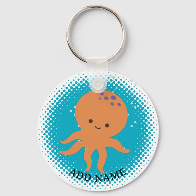 Chaveiro Nome Personalizado de Cartoon Azul de Octopus (Frente)