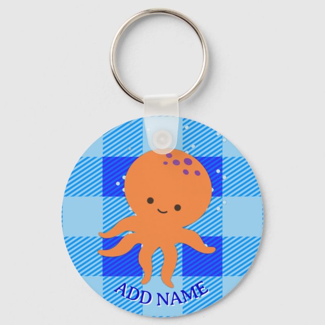 Chaveiro Nome Personalizado de Xadrez Azul de Octopus de Cu (Frente)