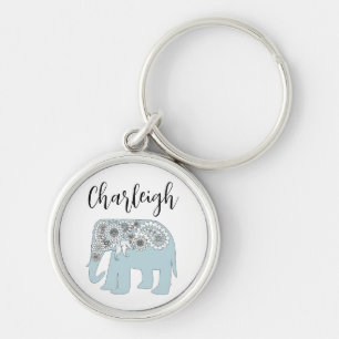 Chaveiro Nome Personalizado Elefante Paisley Azul