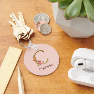 Chaveiro Nome Personalizado Folha de Ouro Blush Rosas Cor-d