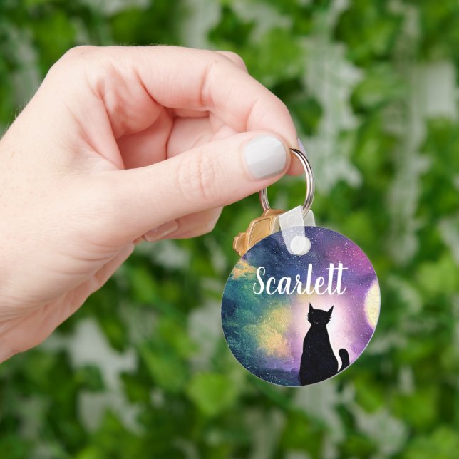 Chaveiro Nome Personalizado Gato de Gato e Galáxia (Mão)