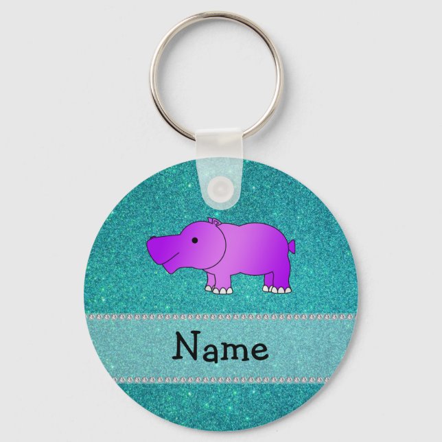 Chaveiro Nome personalizado hippo turquoise glitter (Frente)