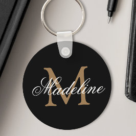 Chaveiro Nome Personalizado Monograma Preto Elegante Dourad