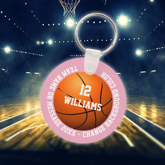Chaveiro Nome Personalizado Número Equipe Basquete Rosa (Custom Name Number Team Basketball Pink Keychain)