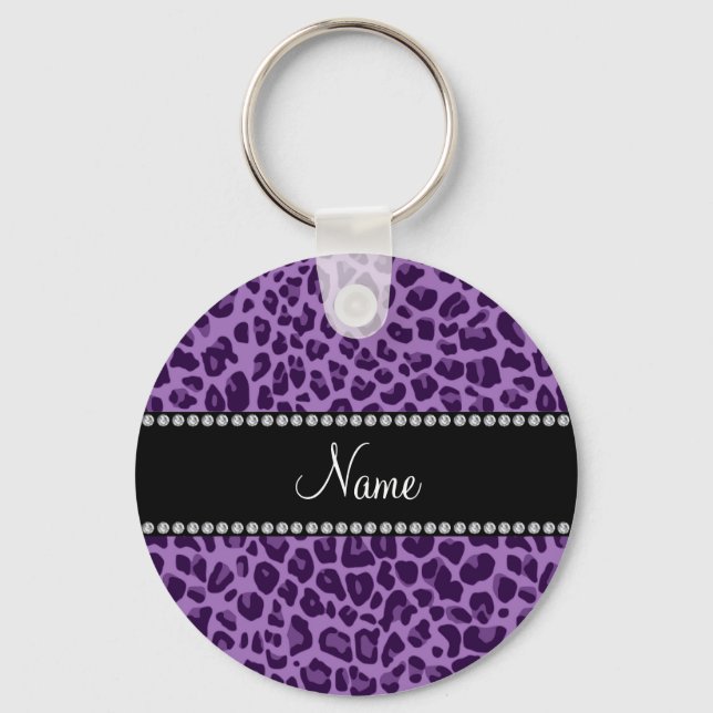 Chaveiro Nome personalizado padrão leopardo roxo (Frente)