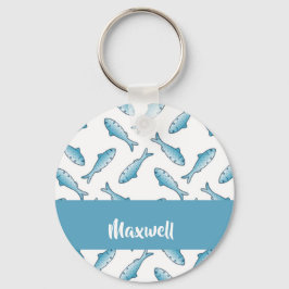 Chaveiro Nome personalizado peixe azul em branco