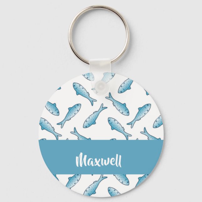 Chaveiro Nome personalizado peixe azul em branco (Frente)