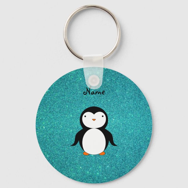 Chaveiro Nome personalizado pinguim turquesa glitter (Frente)