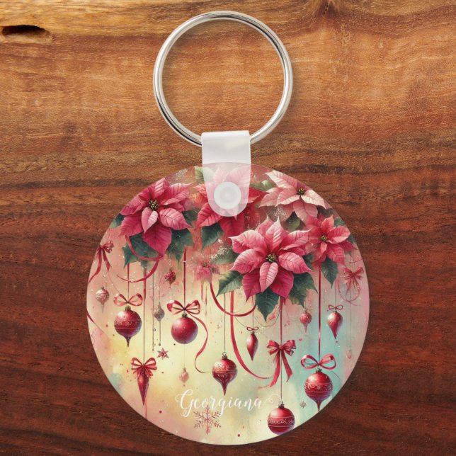 Chaveiro Nome Personalizado Poinsettia Whimsical Baubles de (Frente)