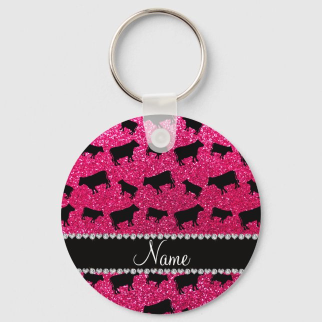 Chaveiro Nome personalizado rosa pink glitter vacas (Frente)