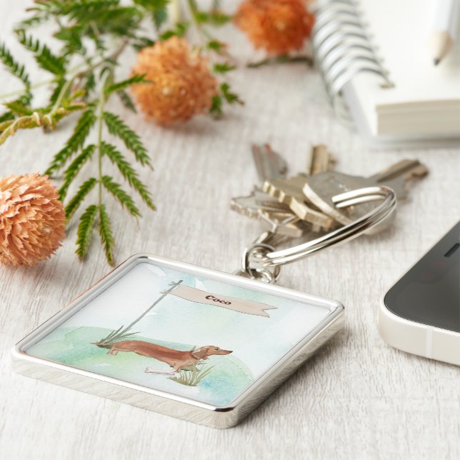 Chaveiro Nome Personalizado Tan Dachshund Pet Dog (Lateral)